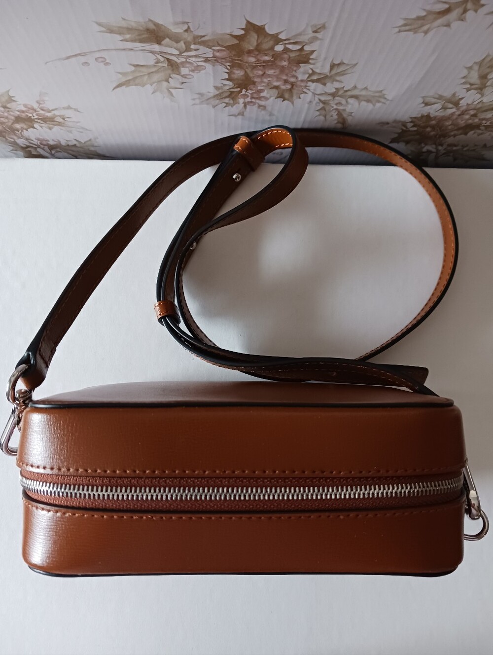 GANNI Cognac Textured Leather Crossbody Bag Adjustable Strap - Picture 7 of 9